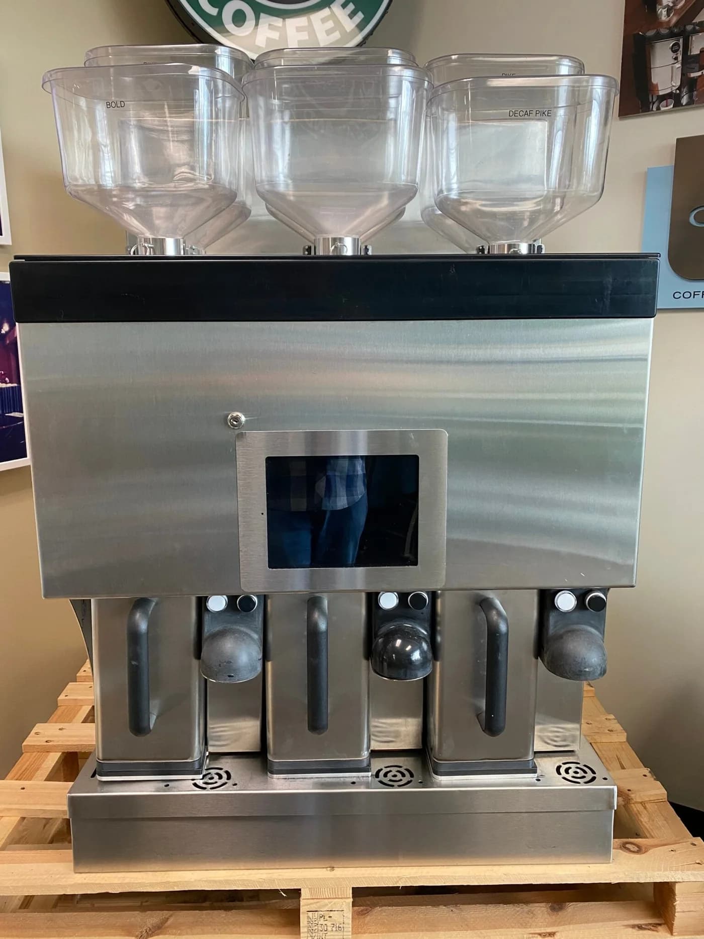 The bean hoppers of a Clover Vertica brewer in a Starbucks coffeehouse.