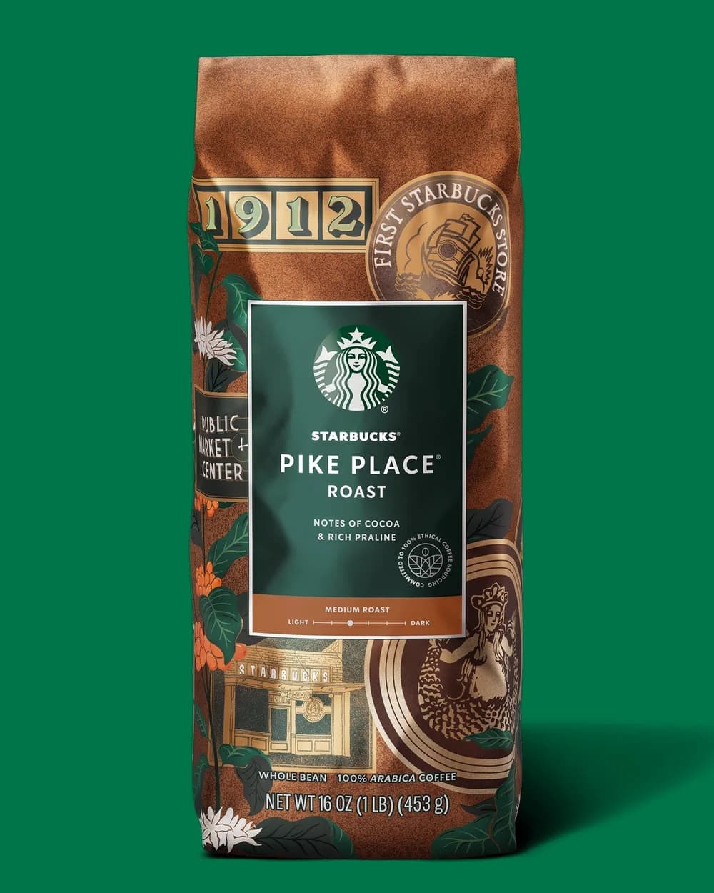 Starbucks whole bean coffee bags across the roast spectrum.