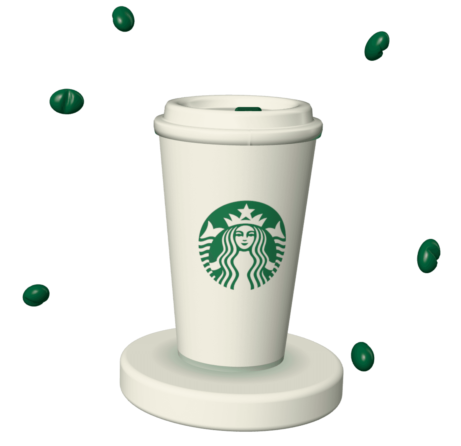 A Starbucks hot cup with the green Siren logo, standing on a cream plinth among coffee beans.